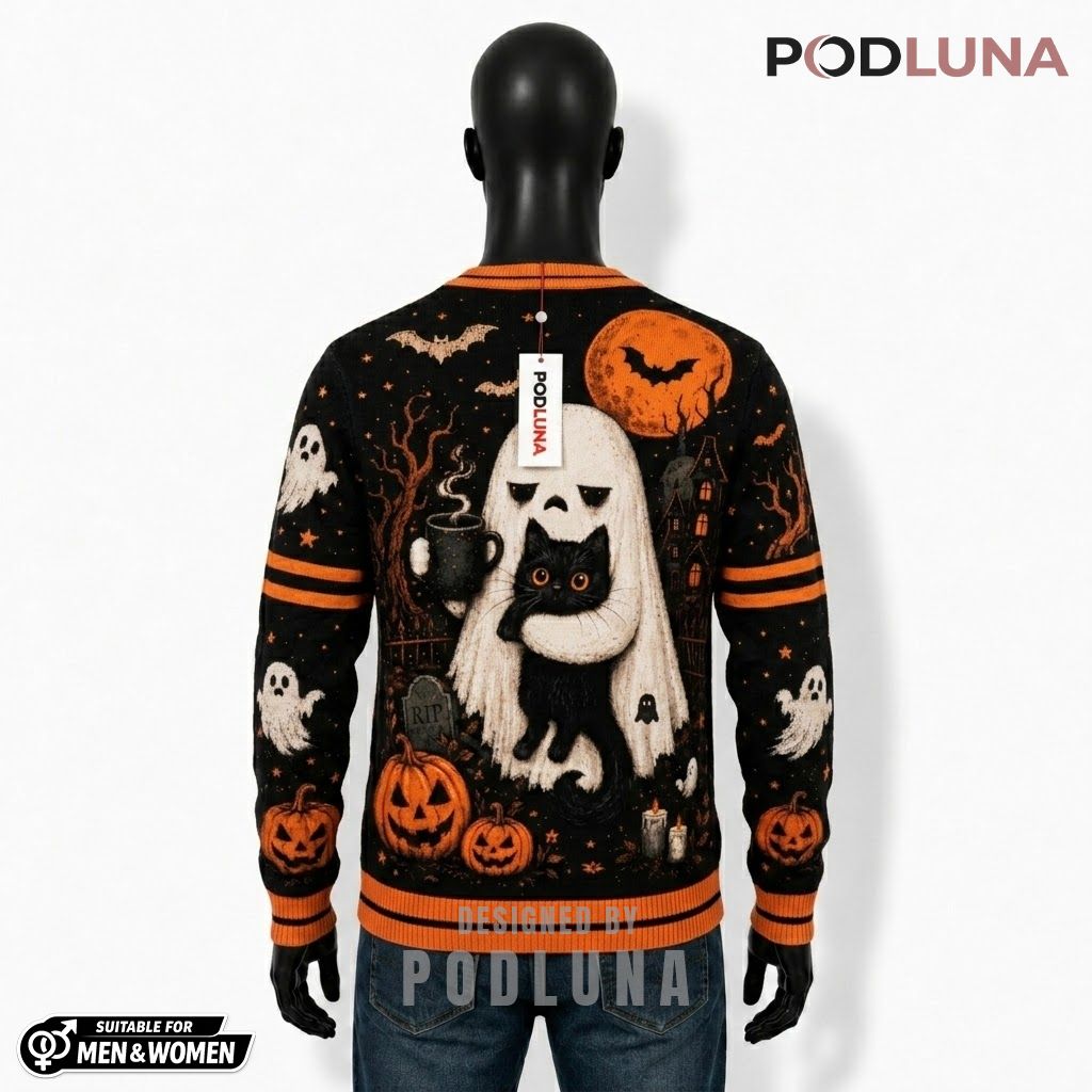 Ghost Halloween Cardigan Black Cat Coffee 2 Ghost Halloween Cardigan Black Cat Coffee 2