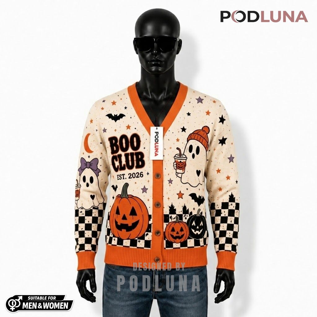 Ghost Halloween Cardigan Boo Club Pumpkin Checkered 1