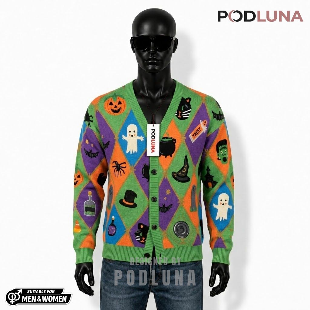 Ghost Halloween Cardigan Diamond Pumpkin Skull 1