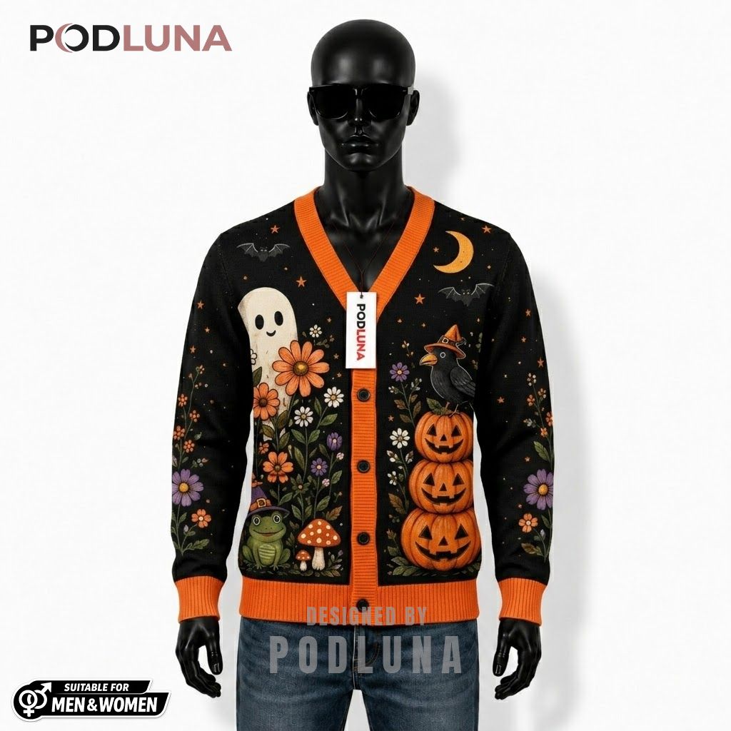 Ghost Halloween Cardigan Floral Pumpkin Mushroom 1