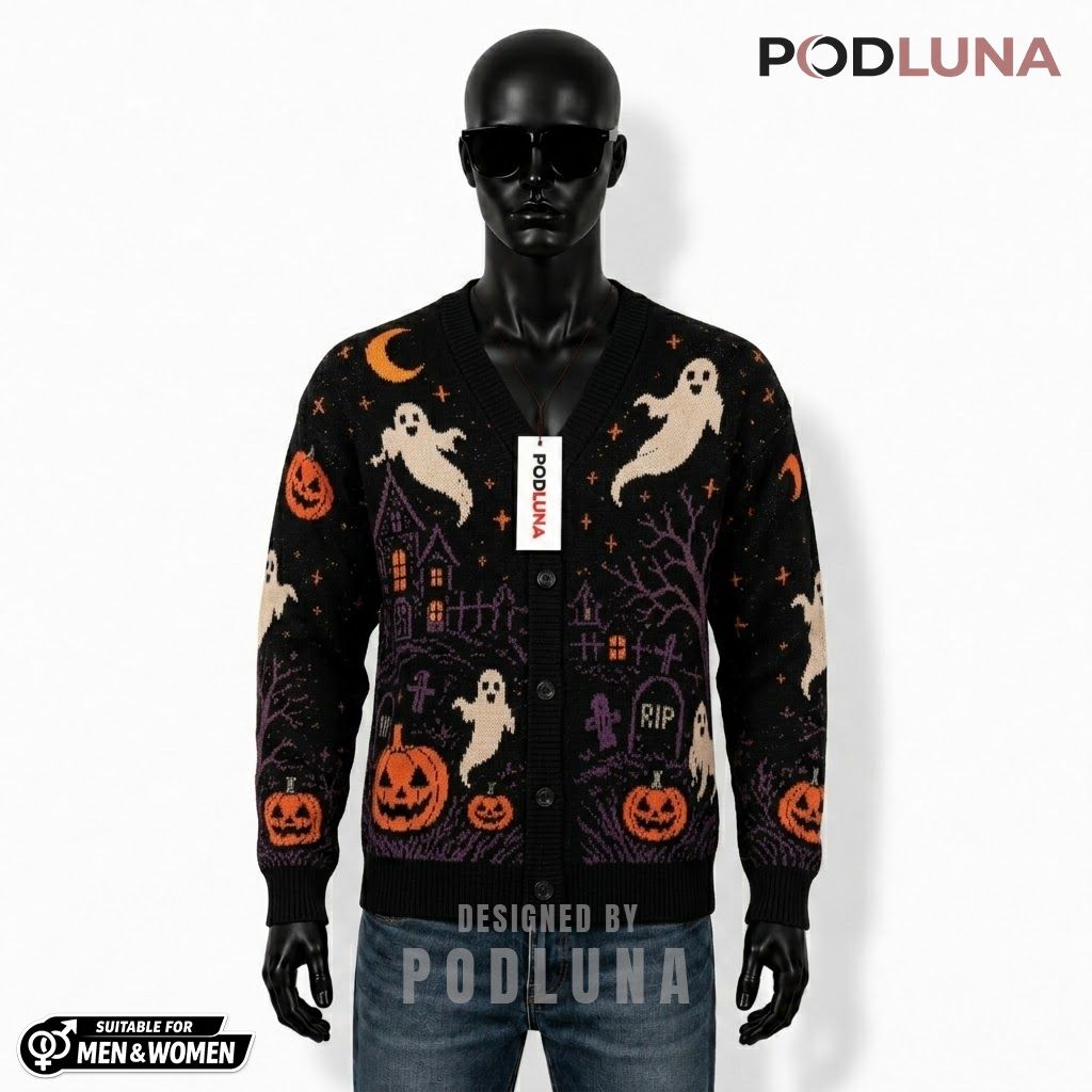 Ghost Halloween Cardigan RIP Tombstone Pumpkin 1