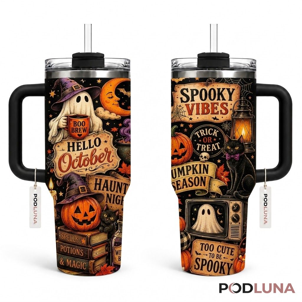 Ghost Hello October Halloween Tumbler 40oz Haunted Nights Design