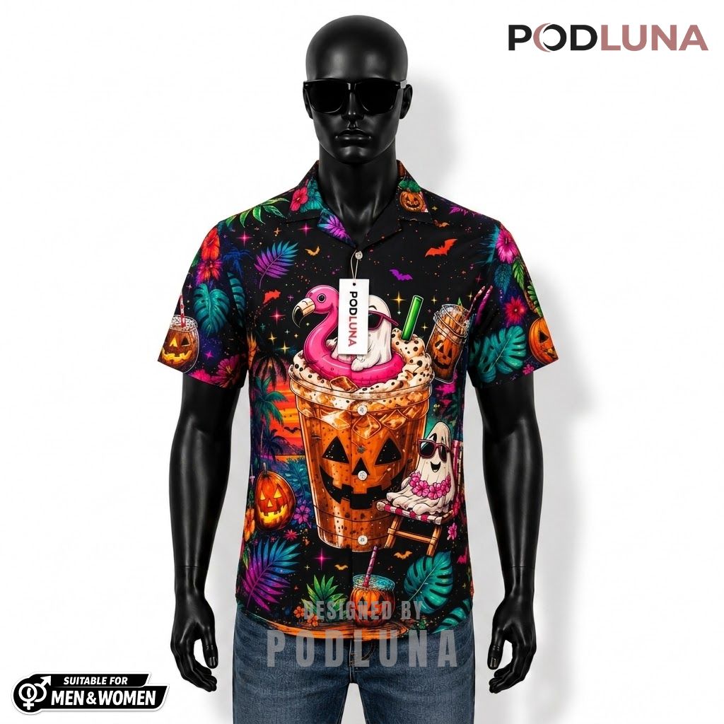 Ghost Latte Halloween Hawaiian Shirt Flamingo Float Tropical Front