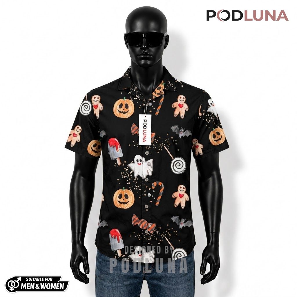 Gingerbread Halloween Hawaiian Shirt Candy Ghost Pumpkin Front