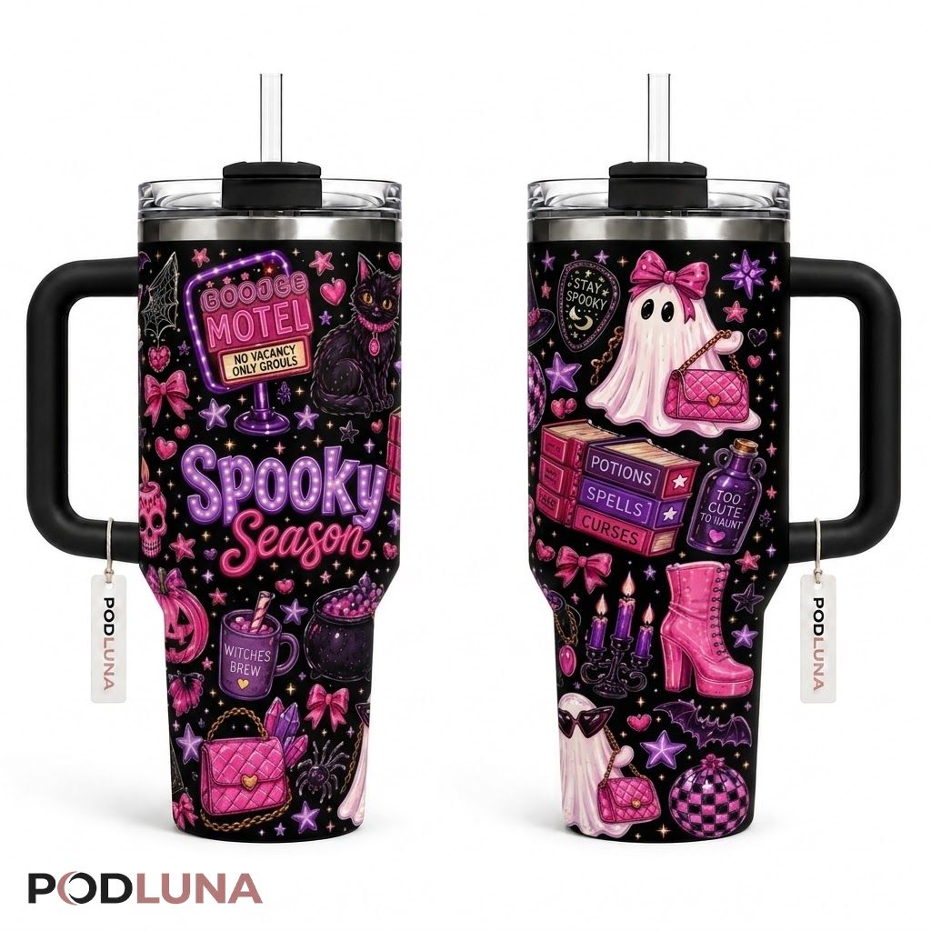 Glam Pink Halloween Tumbler 40oz Spooky Season Ghost Cat Design