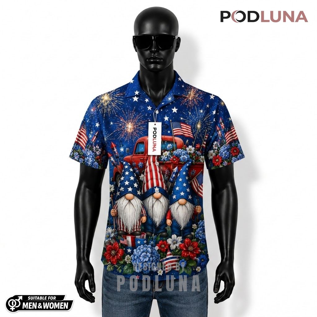 Gnome Patriotic Hawaiian Shirt Truck Fireworks Flower Print Front