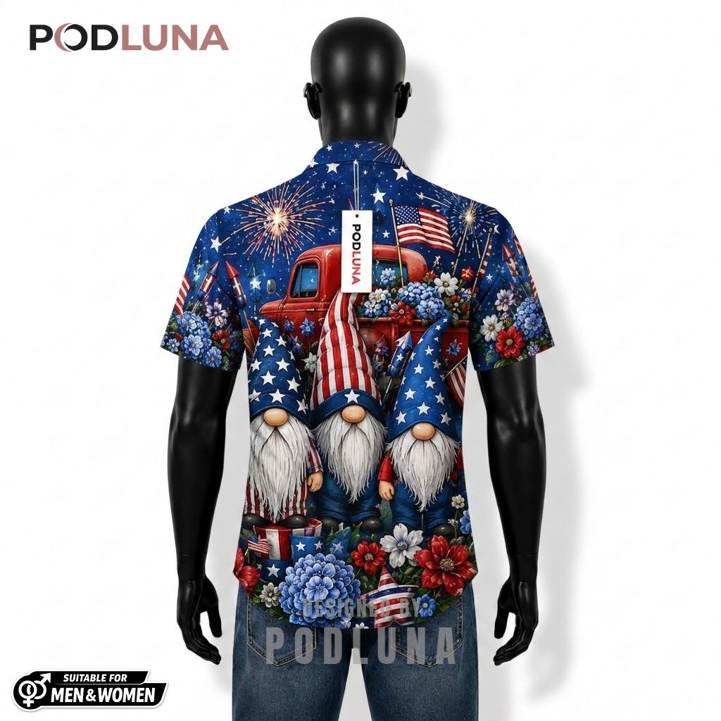 Gnome Patriotic Hawaiian Shirt Truck Fireworks Flower Print Back Gnome Patriotic Hawaiian Shirt Truck Fireworks Flower Print Back