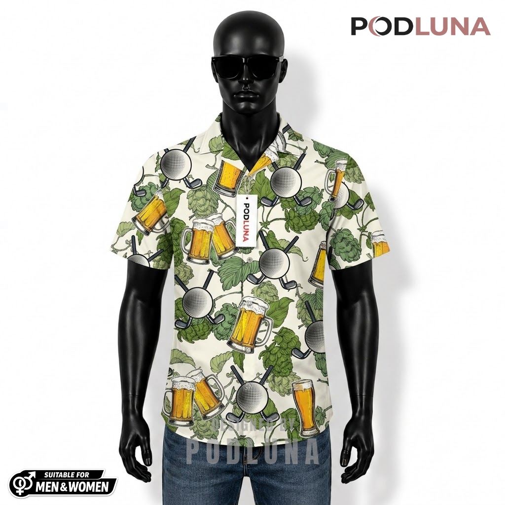 Golf Beer Hawaiian Shirt Hops White Pattern Front