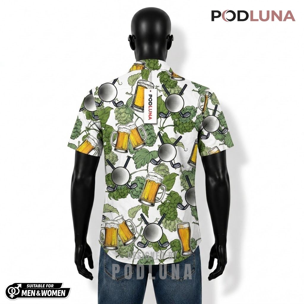 Golf Beer Hawaiian Shirt Hops White Pattern Back Golf Beer Hawaiian Shirt Hops White Pattern Back