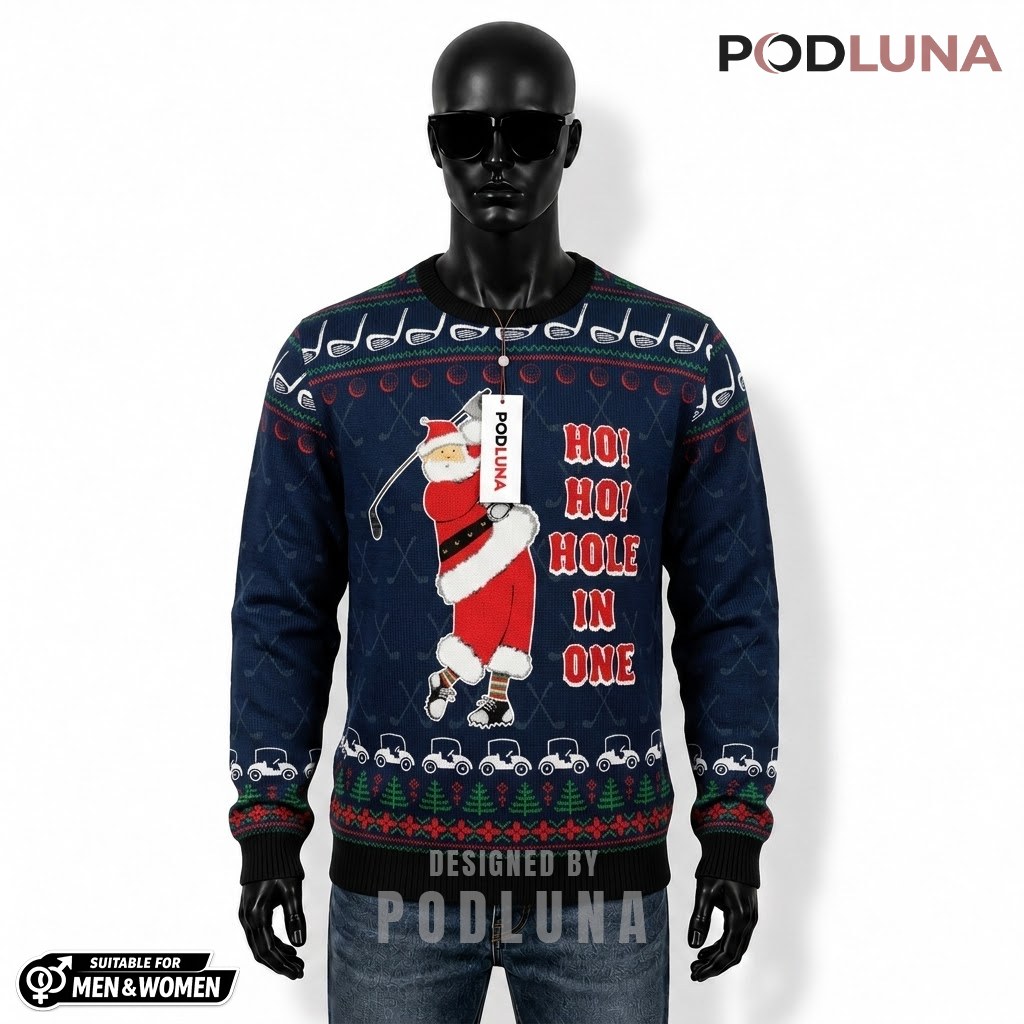 Golf Santa Ugly Christmas Sweater Hole In One Front