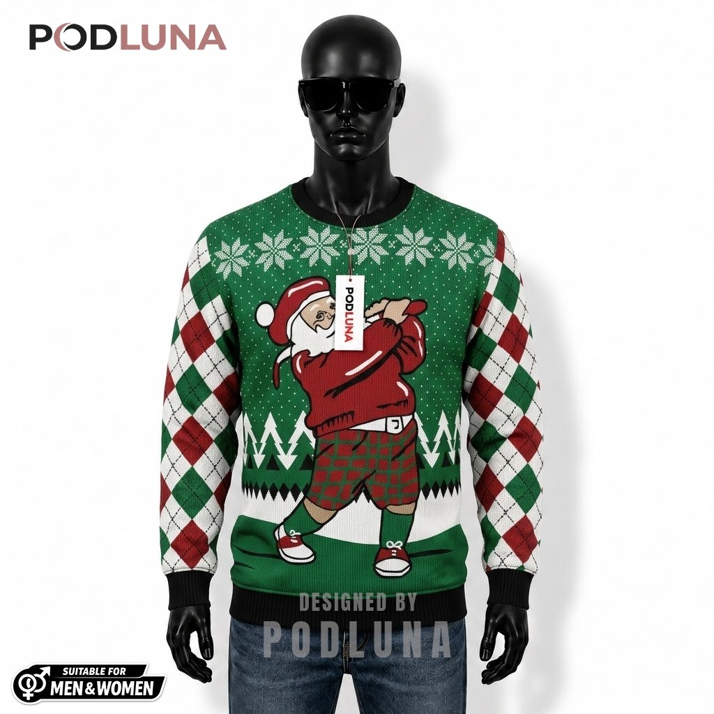 Golf Santa Ugly Sweater Christmas Argyle Pattern Front