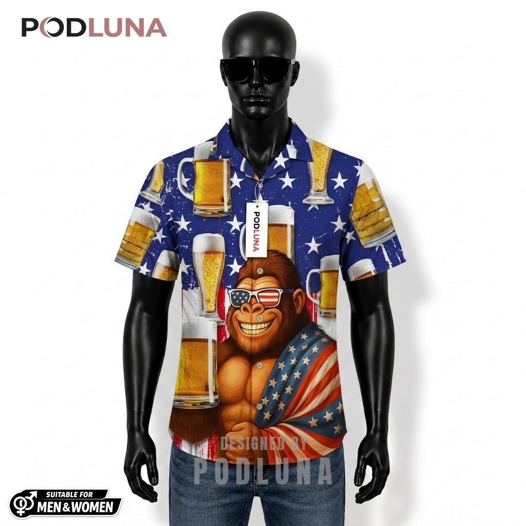 Gorilla Beer Hawaiian Shirt American Flag Star Pattern Front