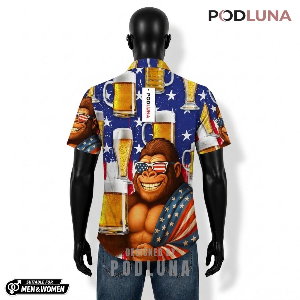Gorilla Beer Hawaiian Shirt American Flag Star Pattern Back Gorilla Beer Hawaiian Shirt American Flag Star Pattern Back