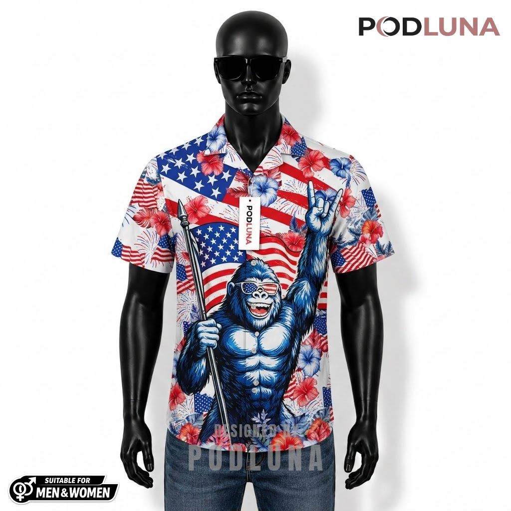 Gorilla Patriotic Hawaiian Shirt USA Flag Sunglasses Print Front