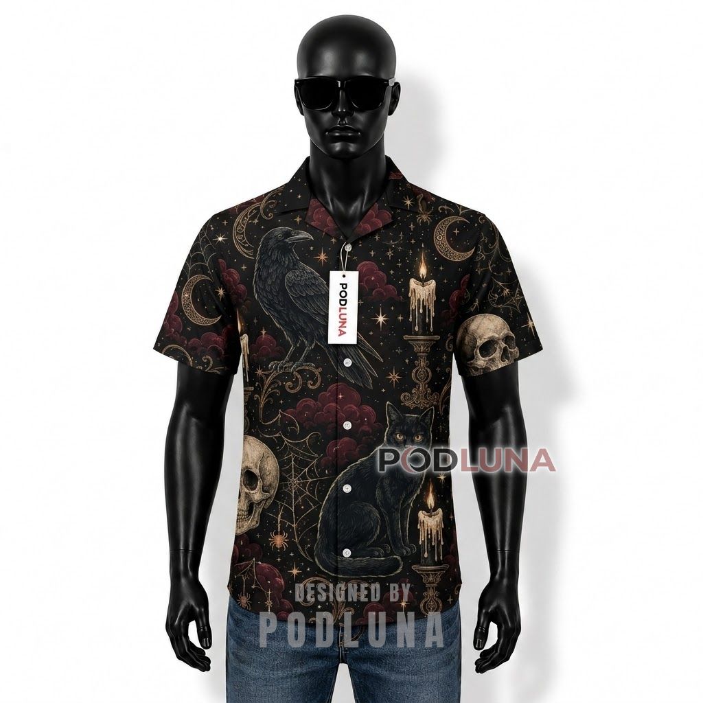Gothic Black Cat Raven Skull Hawaiian Shirt Front