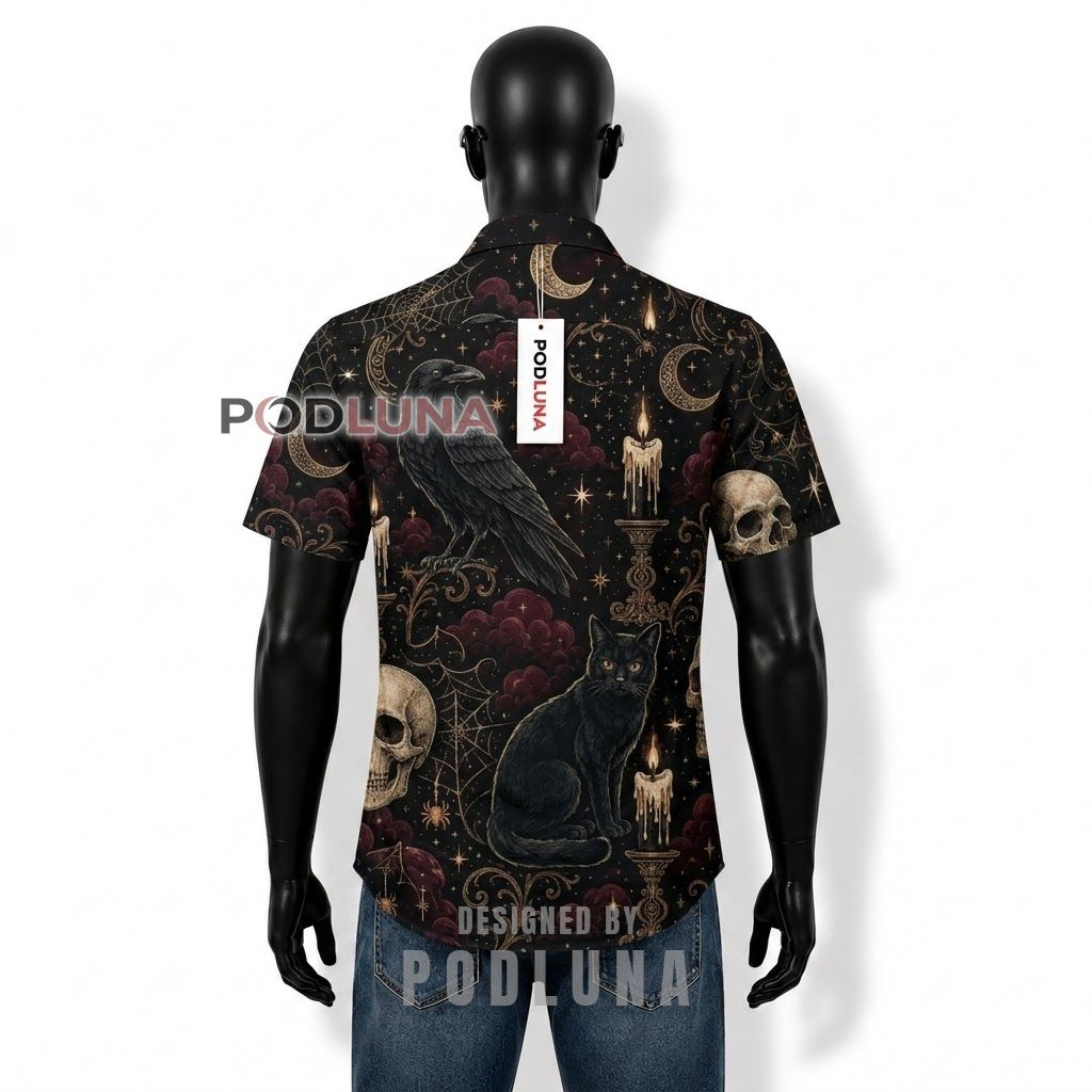 Gothic Black Cat Raven Skull Hawaiian Shirt Back Gothic Black Cat Raven Skull Hawaiian Shirt Back
