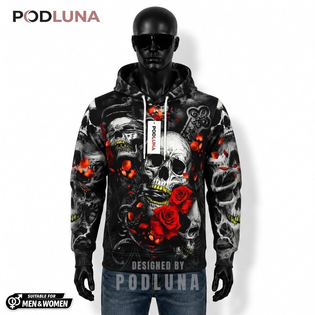 Gothic Halloween 3D Hoodie Red Rose Skull Petals 1