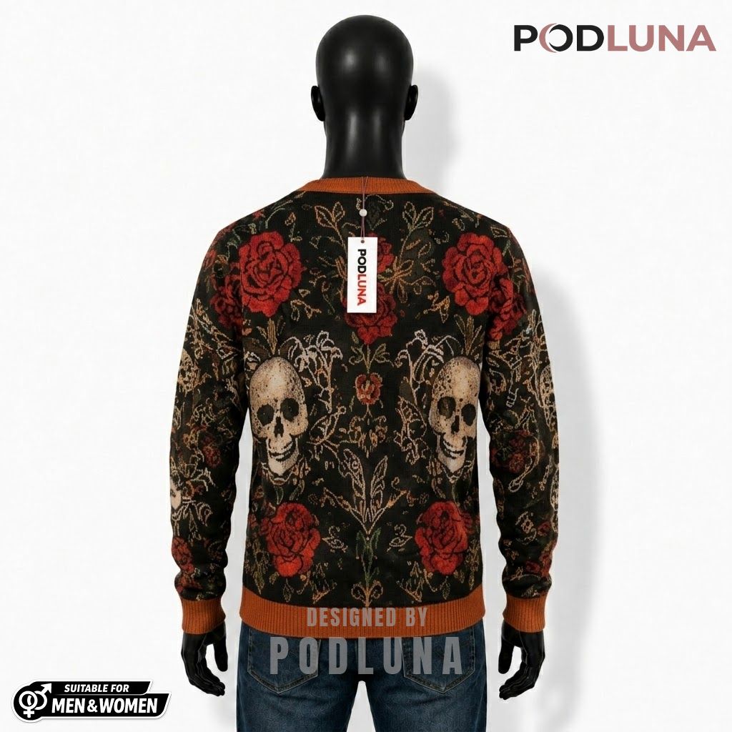 Gothic Halloween Cardigan Skull Rose Floral Sweater 2 Gothic Halloween Cardigan Skull Rose Floral Sweater 2