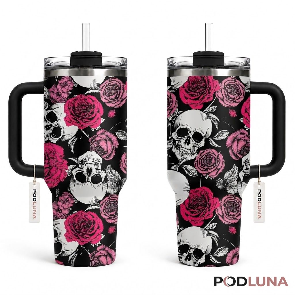 Gothic Rose Halloween Tumbler 40oz Skull Pink Floral Design