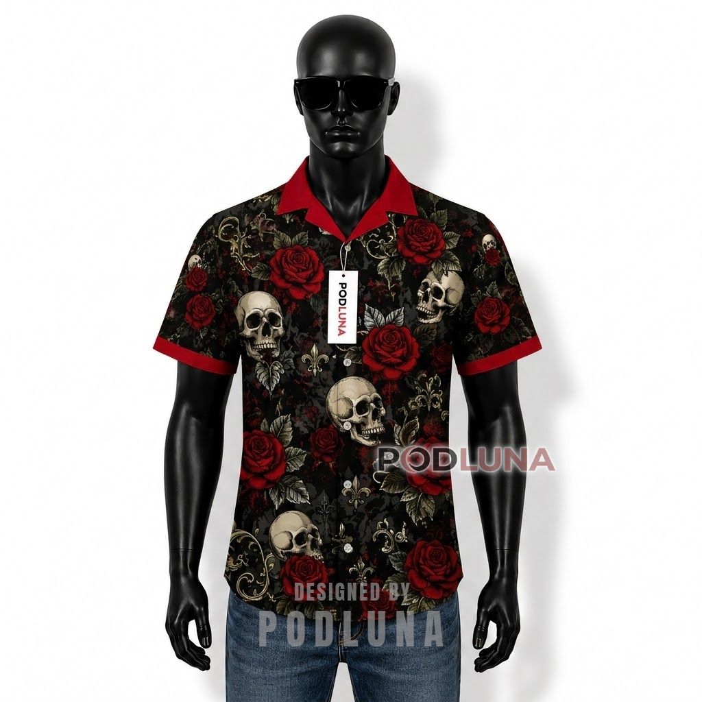 Gothic Skull Rose Hawaiian Shirt Front
