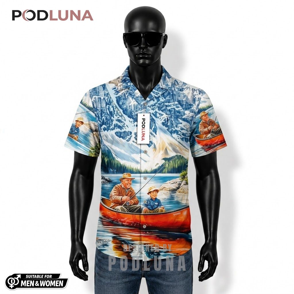 Grandpa Fishing Hawaiian Shirt Canoe Mountain Lake Scene Front