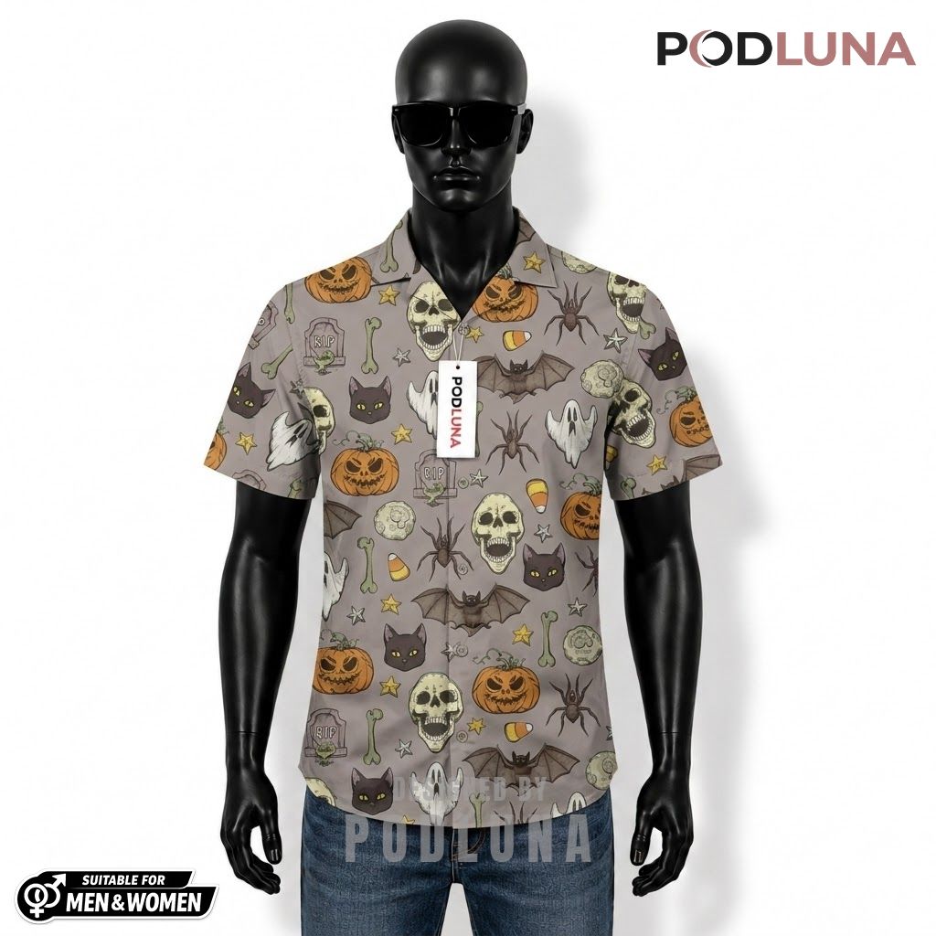 Grave RIP Halloween Hawaiian Shirt Skull Bat Icon Front
