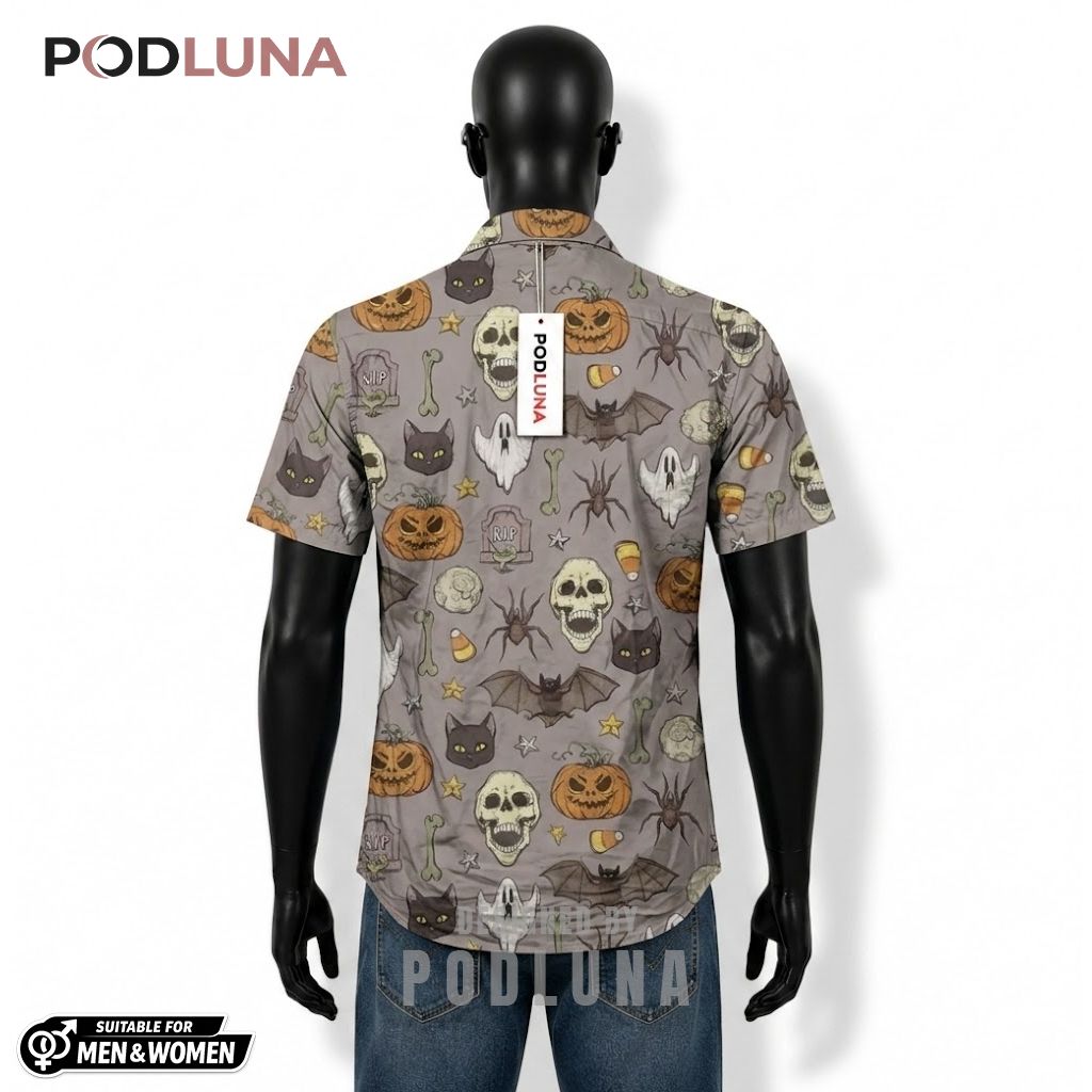 Grave RIP Halloween Hawaiian Shirt Skull Bat Icon Back Grave RIP Halloween Hawaiian Shirt Skull Bat Icon Back