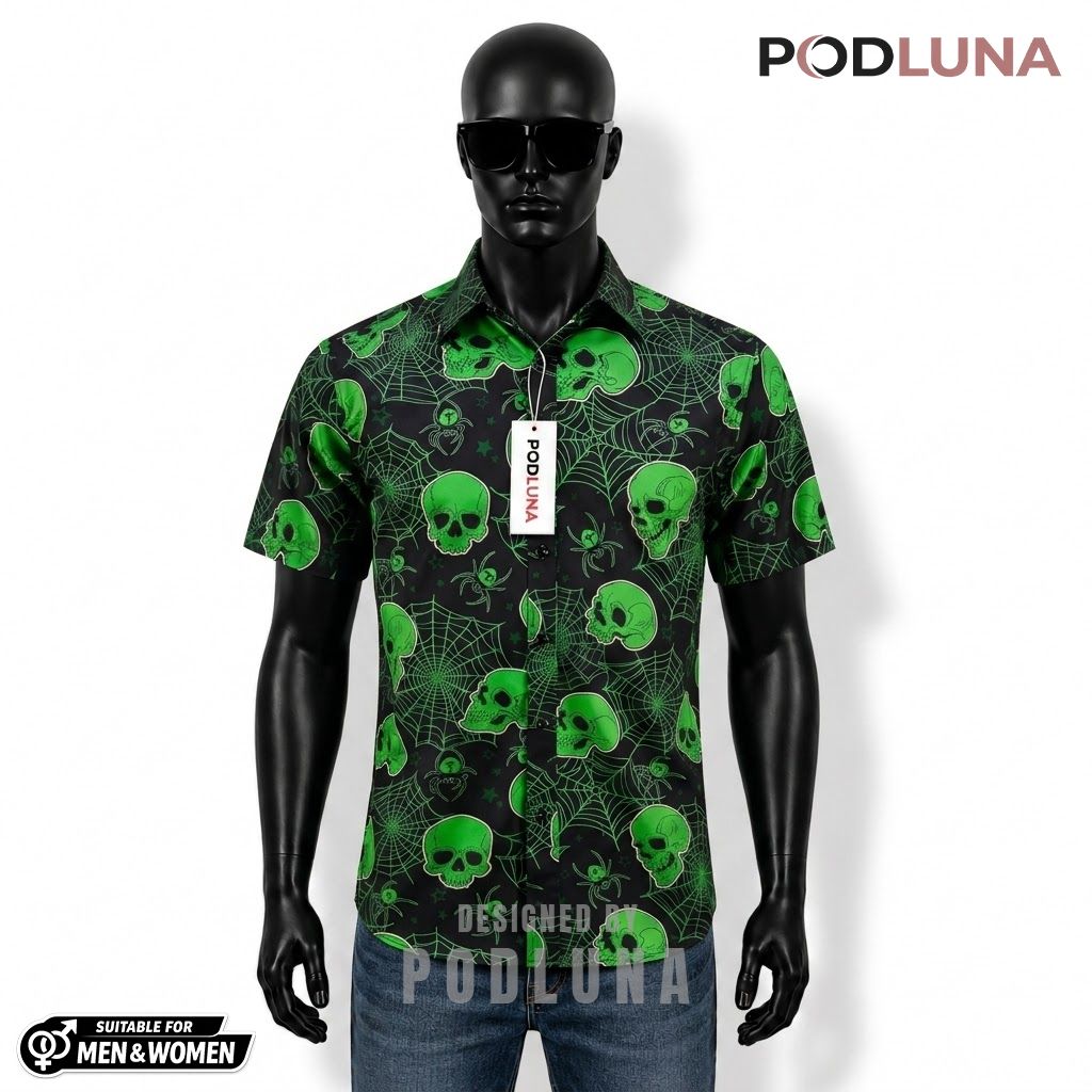 Green Skull Halloween Hawaiian Shirt Spider Web Front