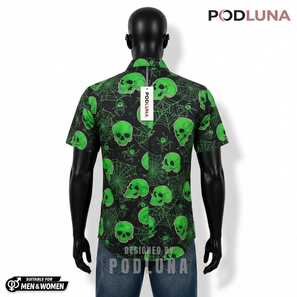Green Skull Halloween Hawaiian Shirt Spider Web Back Green Skull Halloween Hawaiian Shirt Spider Web Back