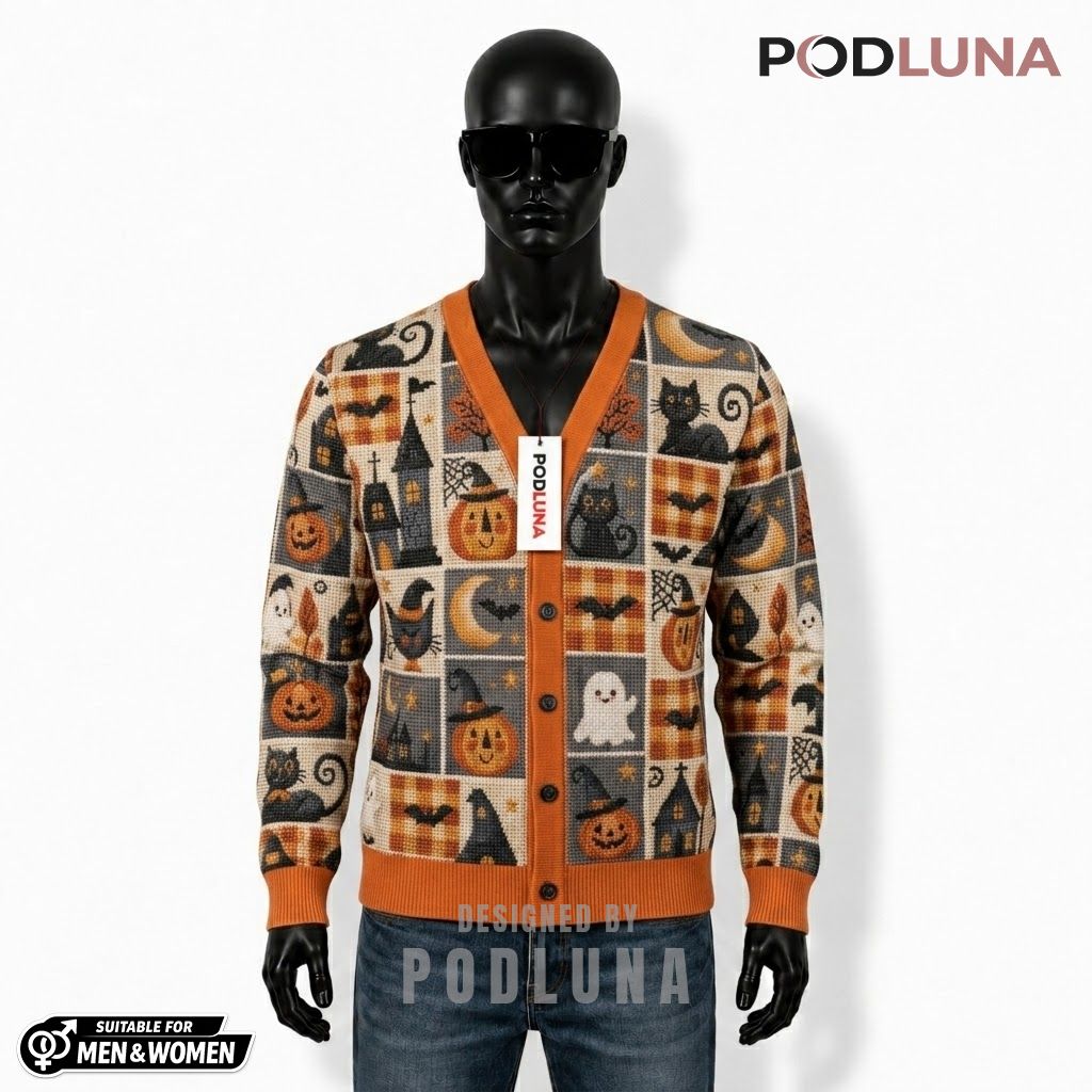 Grid Halloween Cardigan Black Cat House 1