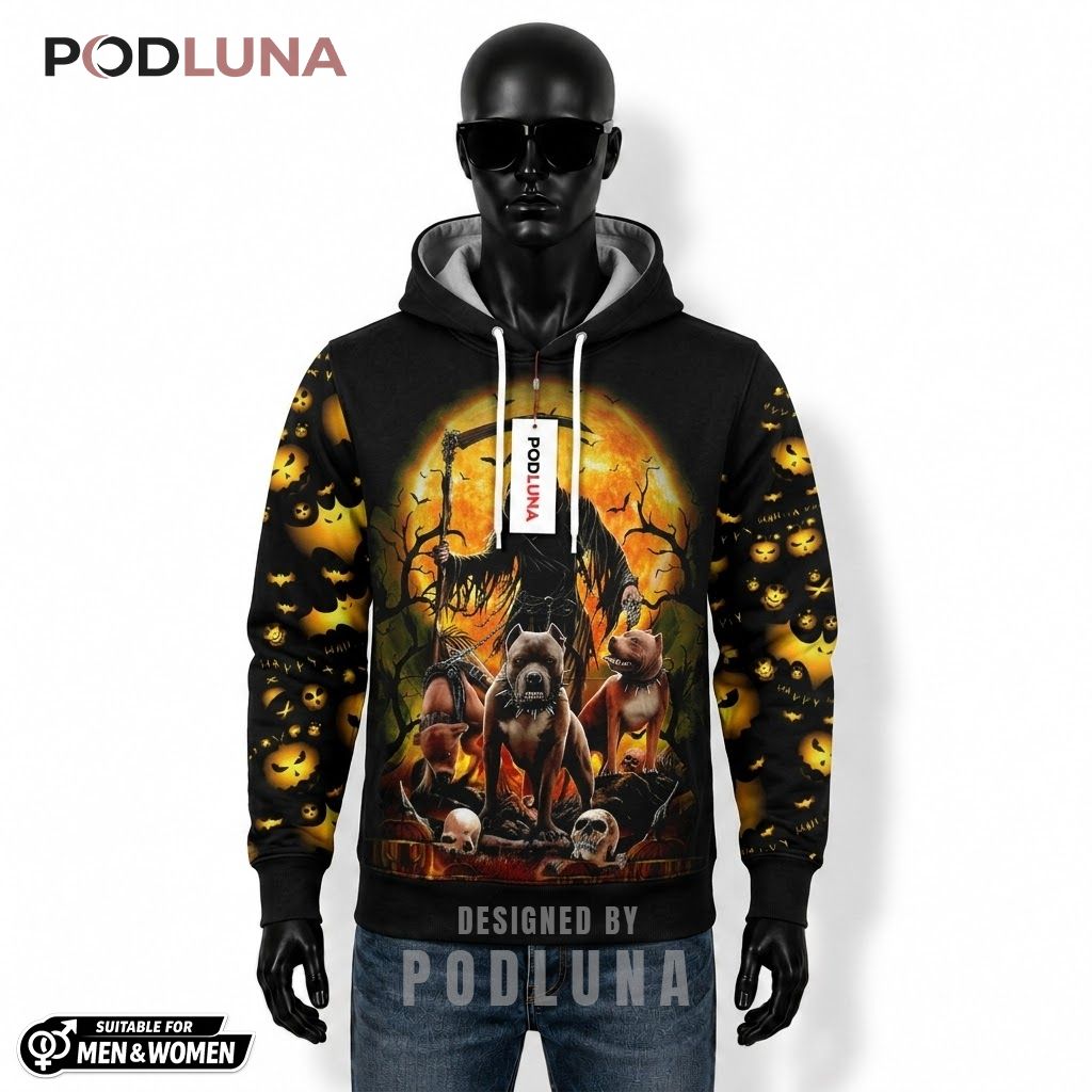 Grim Reaper Halloween 3D Hoodie Pit Bull Scythe Moon 1