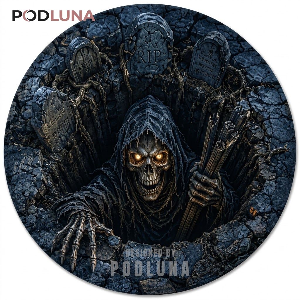 Grim Reaper Halloween 3D Rug Graveyard Tombstones Cracked Ground