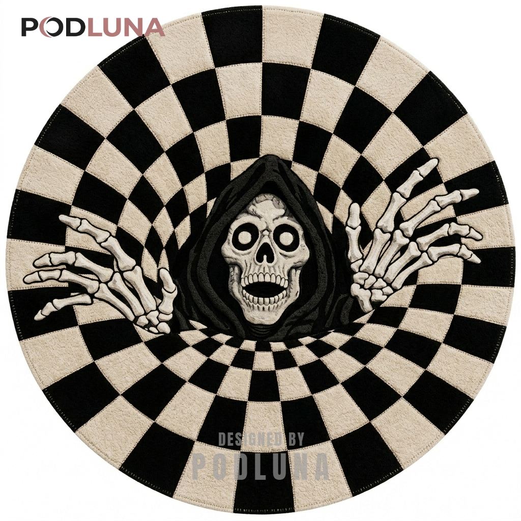 Grim Reaper Halloween 3D Rug Hooded Skull Black White Checkered