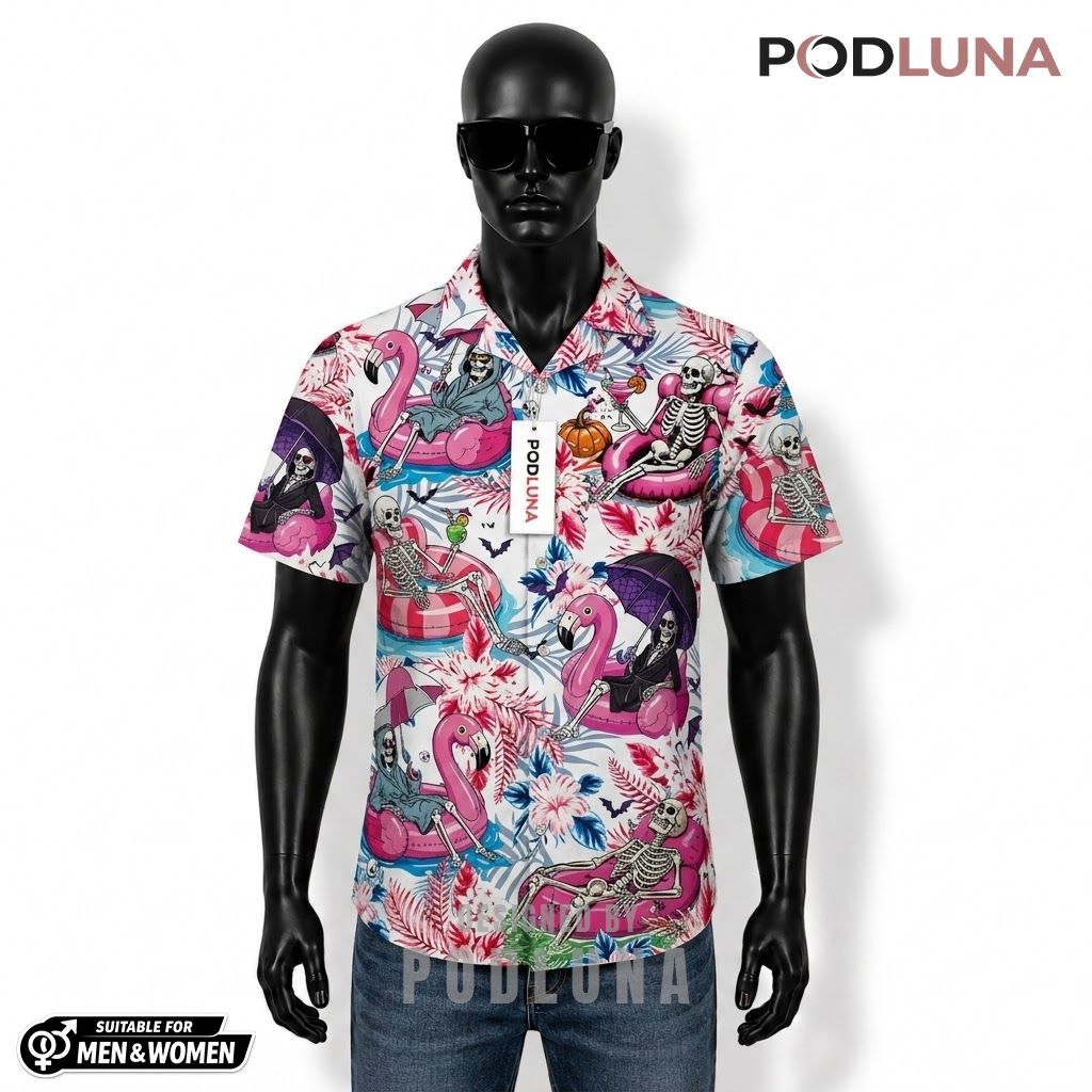Grim Reaper Halloween Hawaiian Shirt Flamingo Pool Party Front