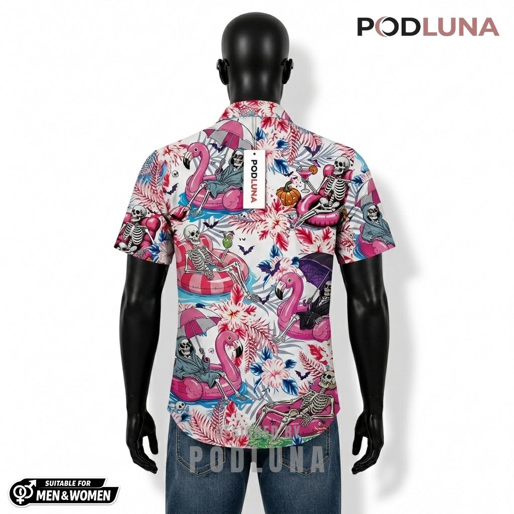 Grim Reaper Halloween Hawaiian Shirt Flamingo Pool Party Back Grim Reaper Halloween Hawaiian Shirt Flamingo Pool Party Back