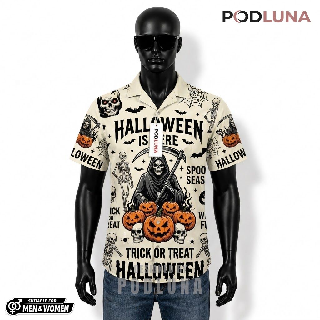 Grim Reaper Halloween Hawaiian Shirt Typography Pumpkin Front