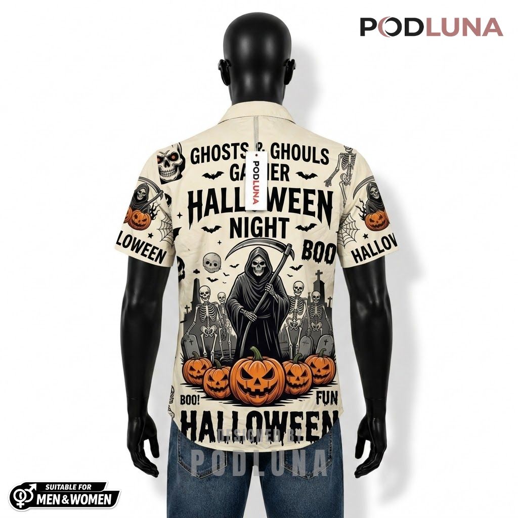 Grim Reaper Halloween Hawaiian Shirt Typography Pumpkin Back Grim Reaper Halloween Hawaiian Shirt Typography Pumpkin Back