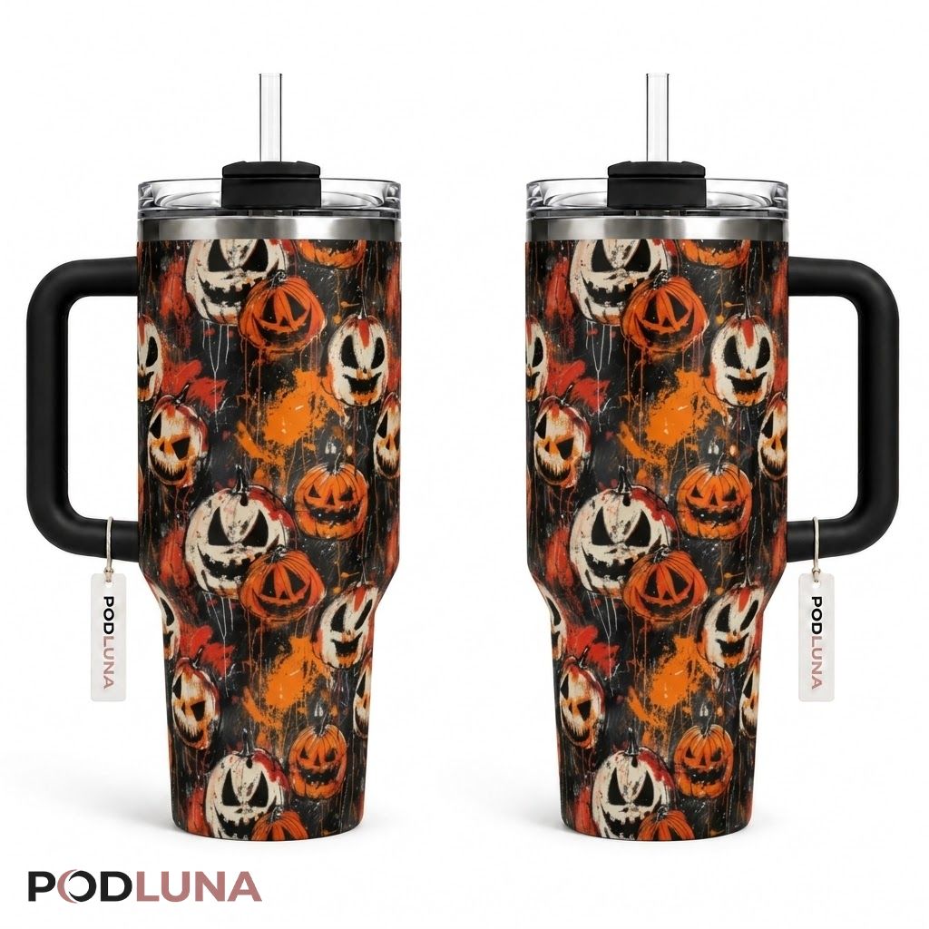 Grunge Jack O Lantern Halloween Tumbler 40oz Dripping Paint Design