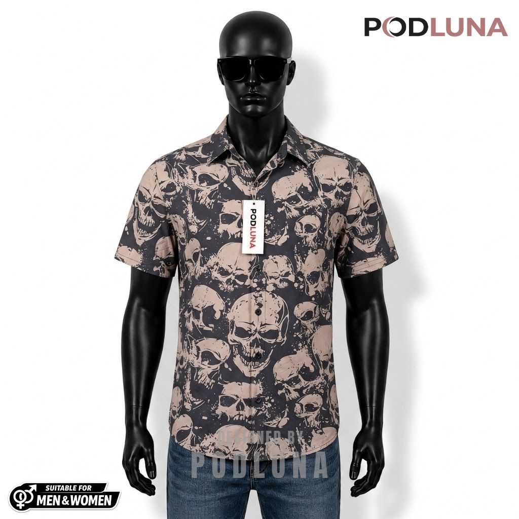 Grunge Skull Pattern Halloween Hawaiian Shirt Front