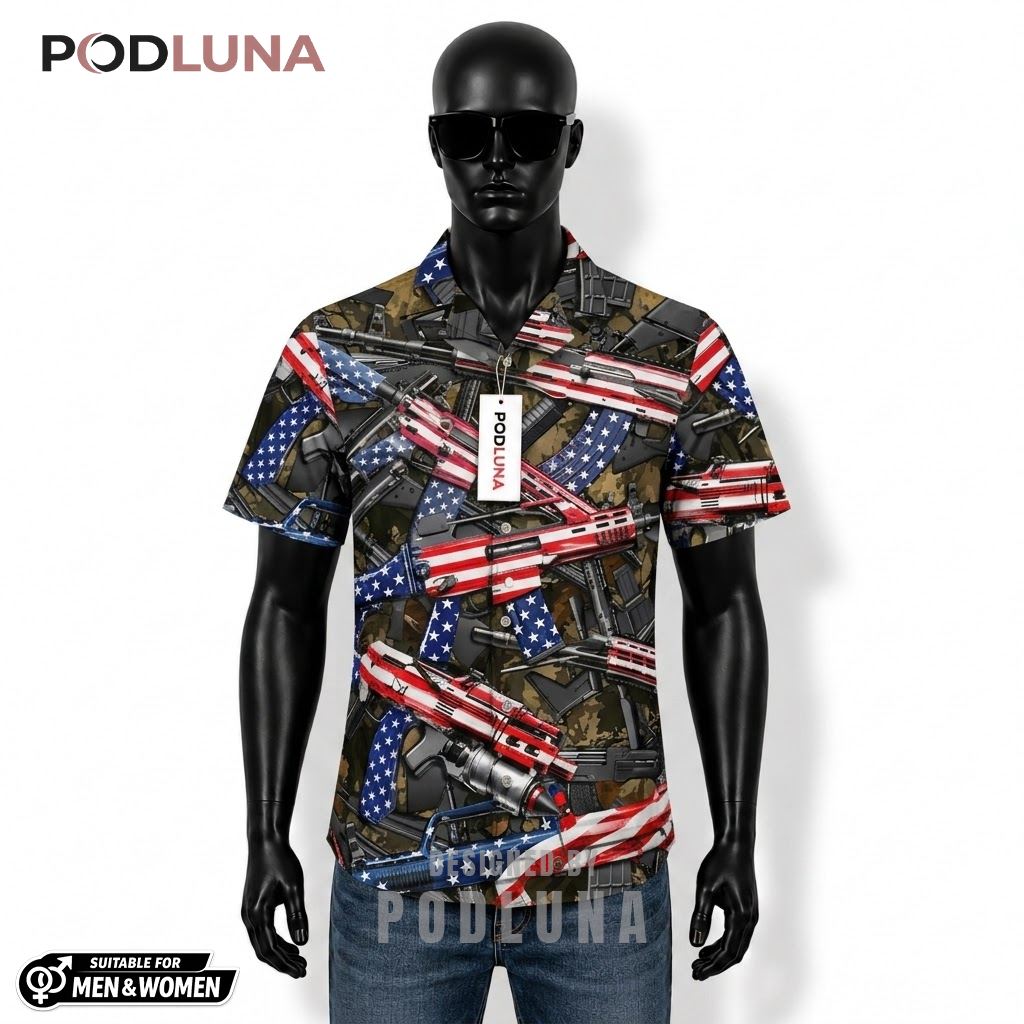 Gun Patriotic Hawaiian Shirt Camo USA Flag Rifle Print Front