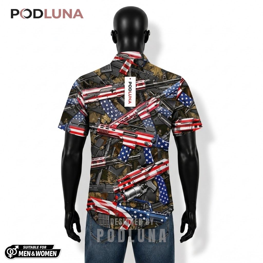Gun Patriotic Hawaiian Shirt Camo USA Flag Rifle Print Back Gun Patriotic Hawaiian Shirt Camo USA Flag Rifle Print Back