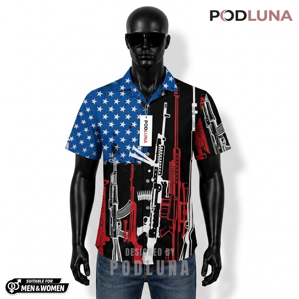 Gun Patriotic Hawaiian Shirt USA Flag Rifle Print Design Front