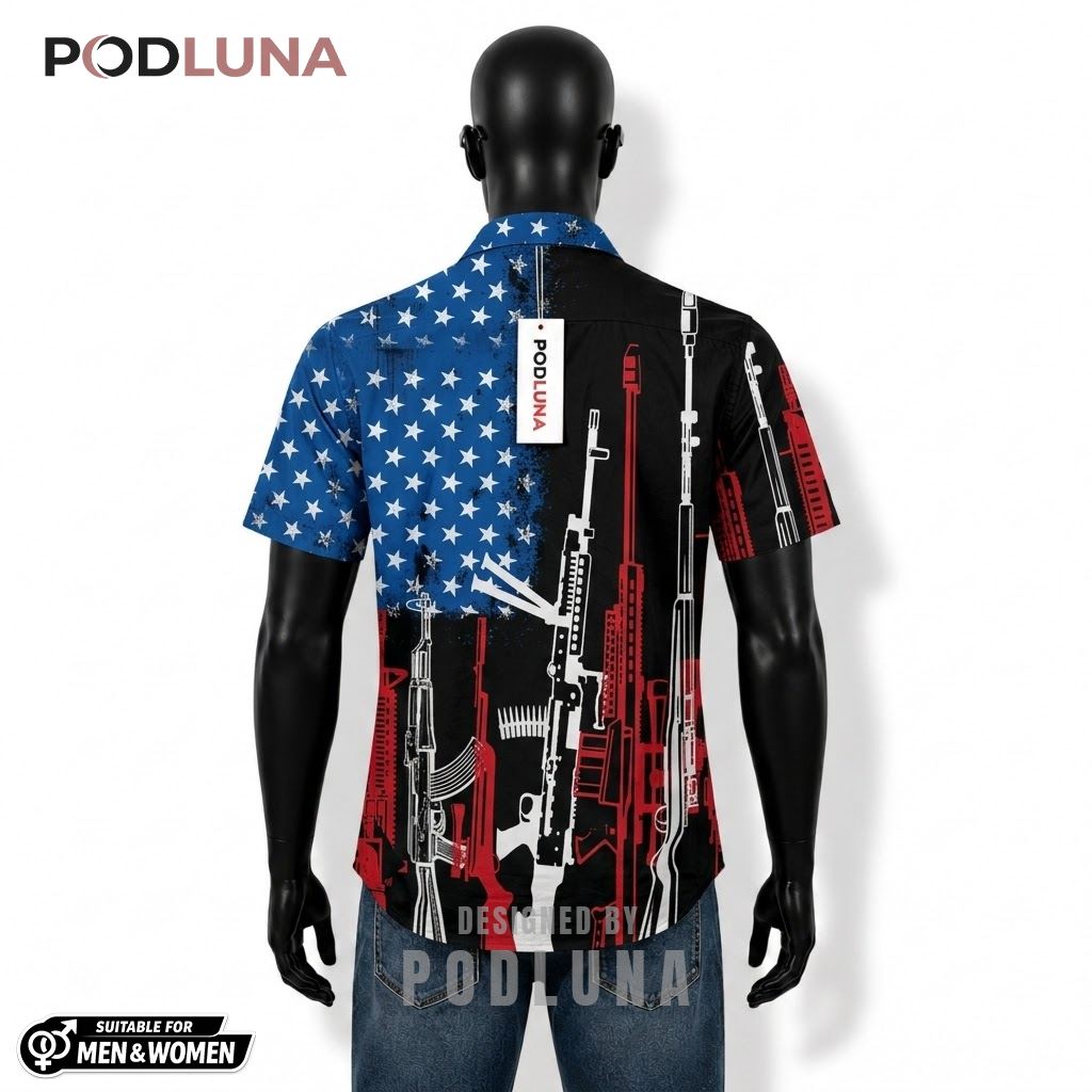 Gun Patriotic Hawaiian Shirt USA Flag Rifle Print Design Back Gun Patriotic Hawaiian Shirt USA Flag Rifle Print Design Back