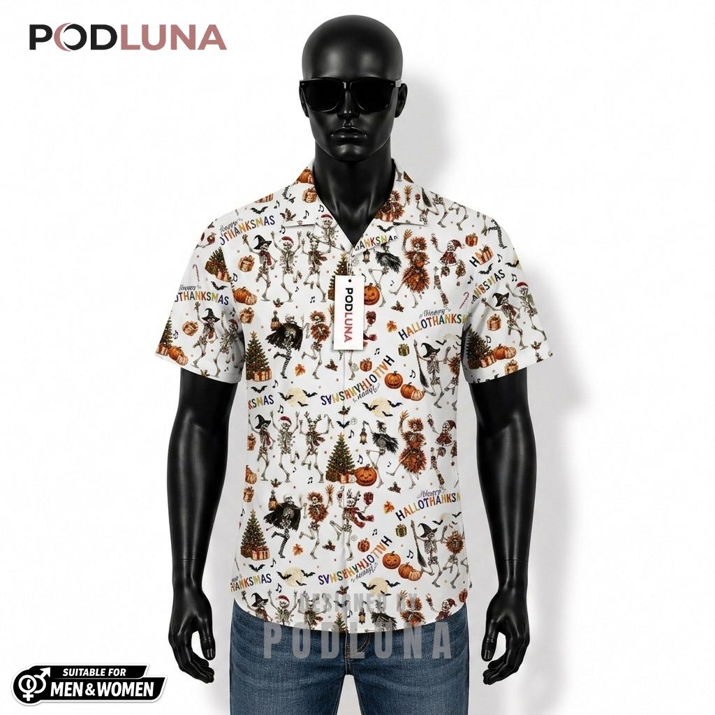 Hallothanksmas Dancing Skeleton Hawaiian Shirt Halloween Thanksgiving Christmas Front
