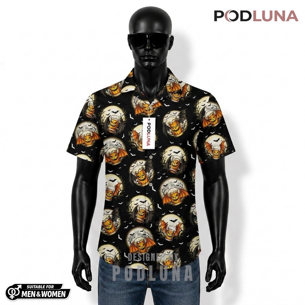 Halloween Beer Hawaiian Shirt Bat Full Moon Pattern Front