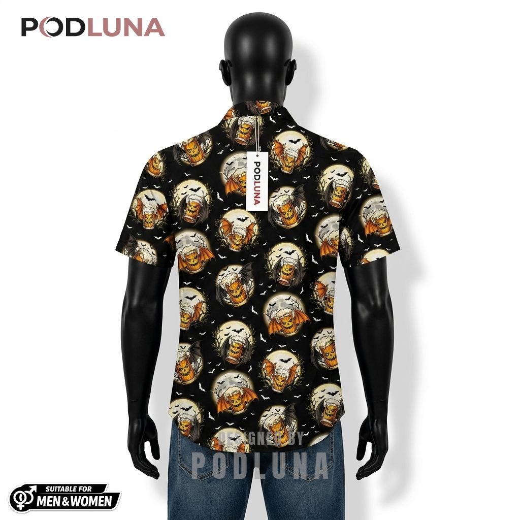 Halloween Beer Hawaiian Shirt Bat Full Moon Pattern Back Halloween Beer Hawaiian Shirt Bat Full Moon Pattern Back