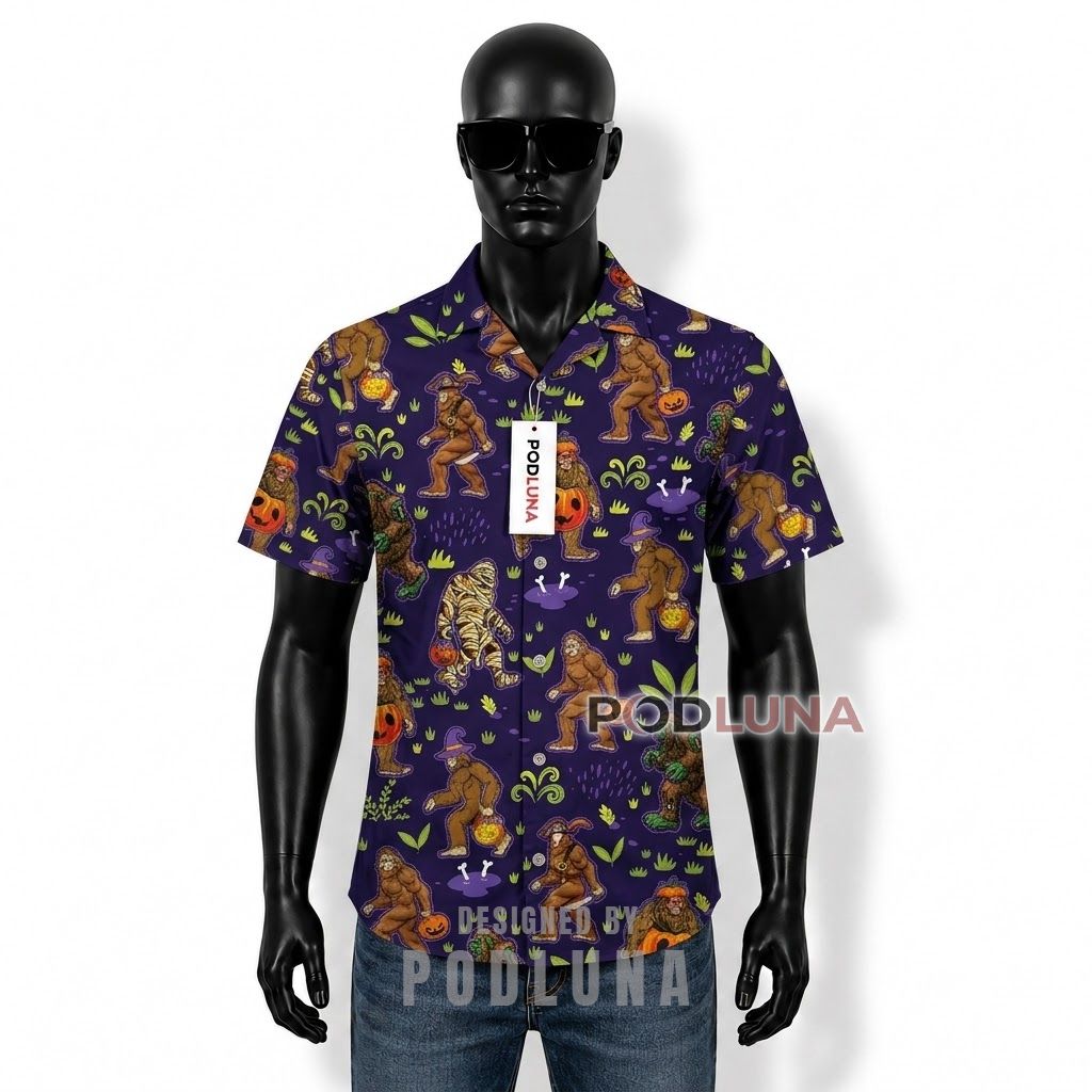 Halloween Bigfoot Mummy Cartoon Hawaiian Shirt Front