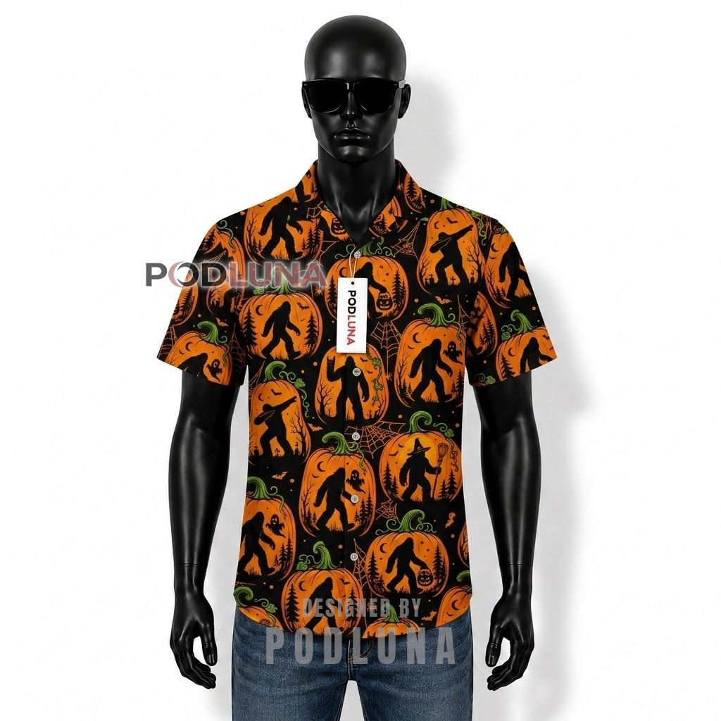 Halloween Bigfoot Pumpkin Silhouette Hawaiian Shirt Front