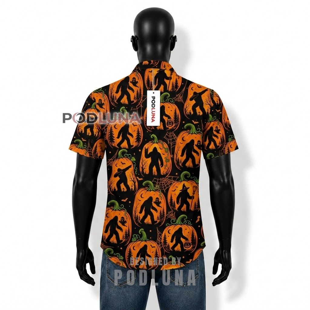 Halloween Bigfoot Pumpkin Silhouette Hawaiian Shirt Back Halloween Bigfoot Pumpkin Silhouette Hawaiian Shirt Back