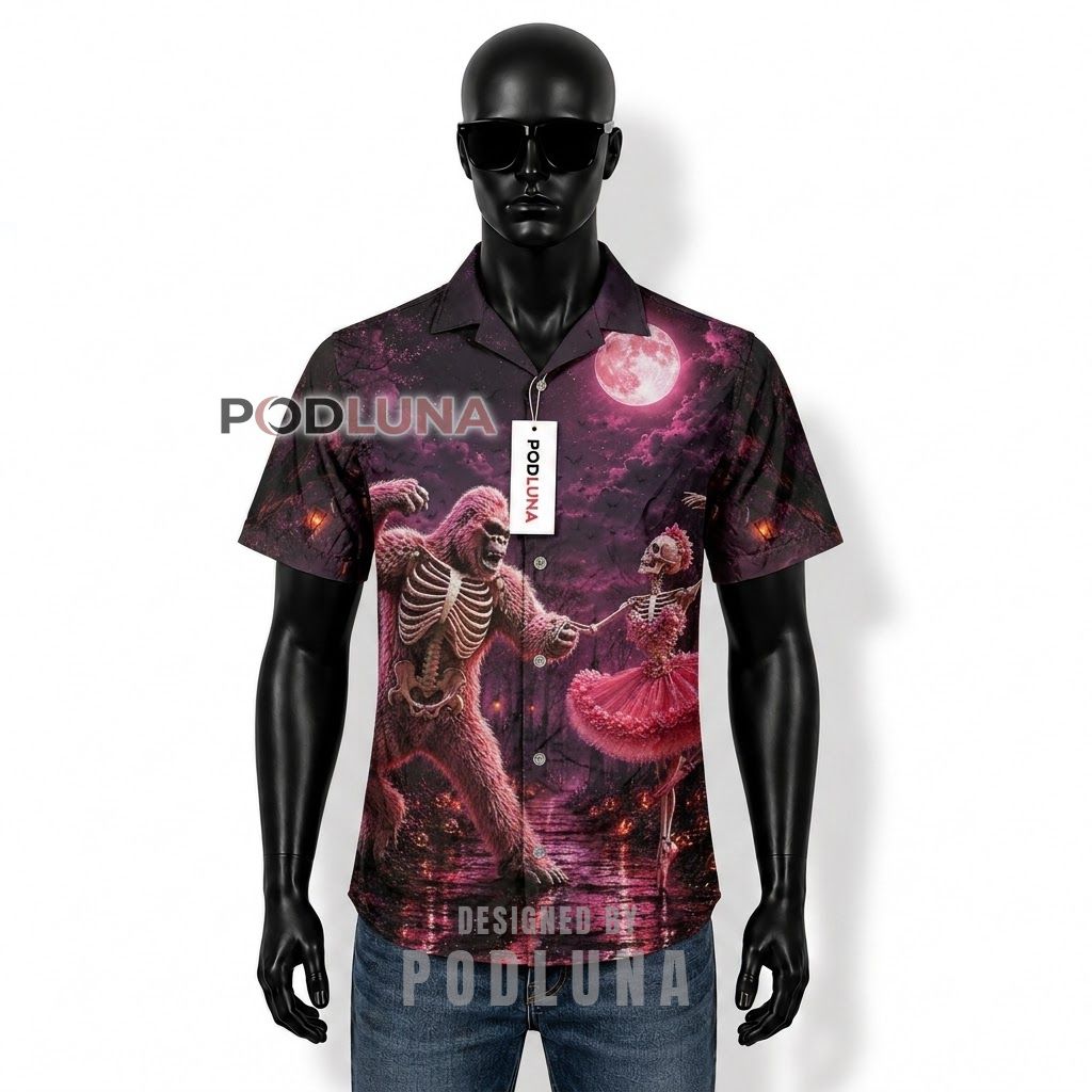 Halloween Bigfoot Skeleton Dance Hawaiian Shirt Front